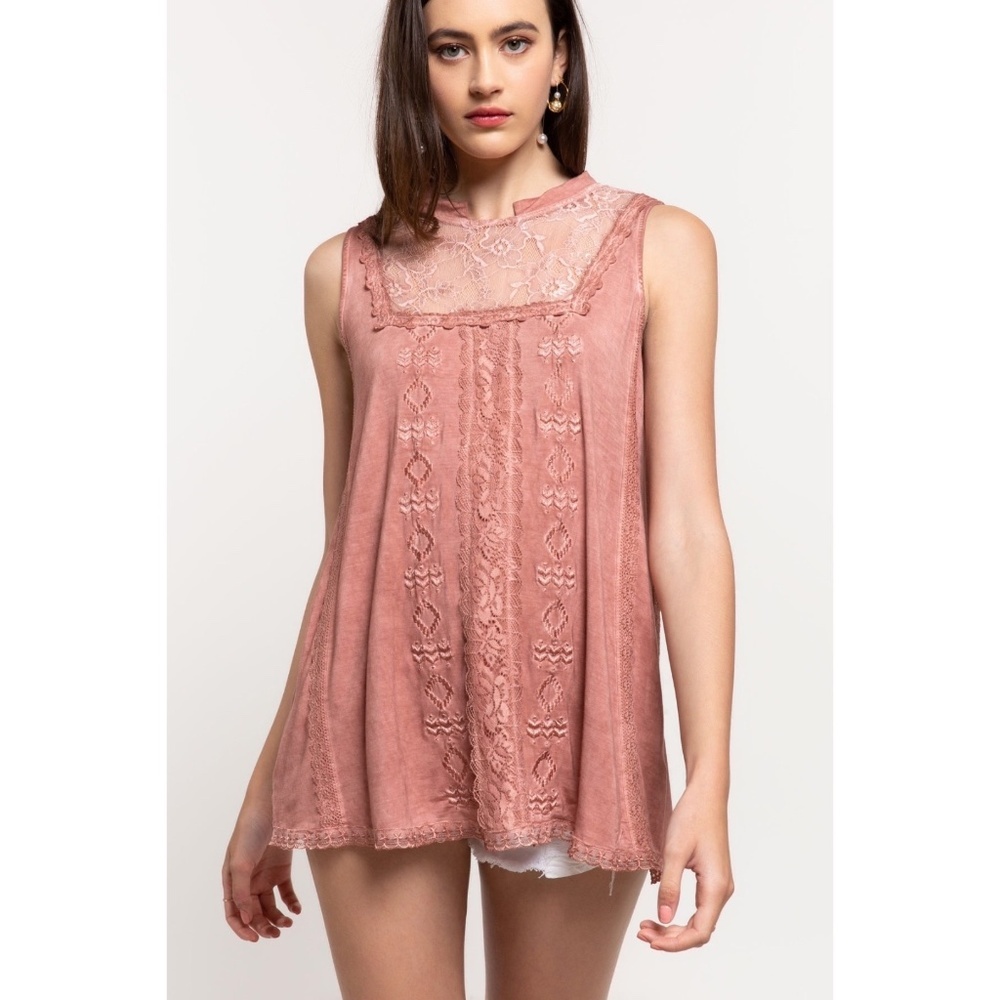 POL Terracotta Sleeveless High Neck Lace & Embroidered Rayon Top - Picture 8 of 8
